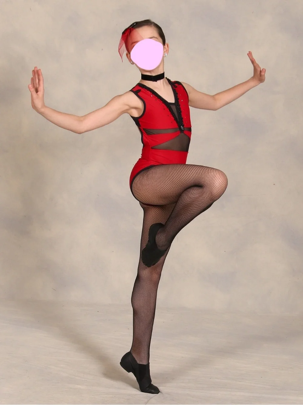 Red and Black Mesh Detail One-Piece Dance Costume Leotard